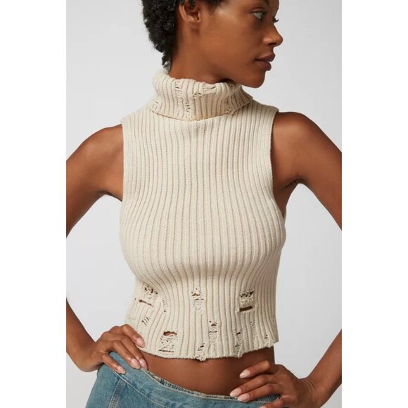 BDG Sweaters - BDG URBAN OUTFITTERS Beige Distressed Turtleneck Sleeveless Women's Sweater XL